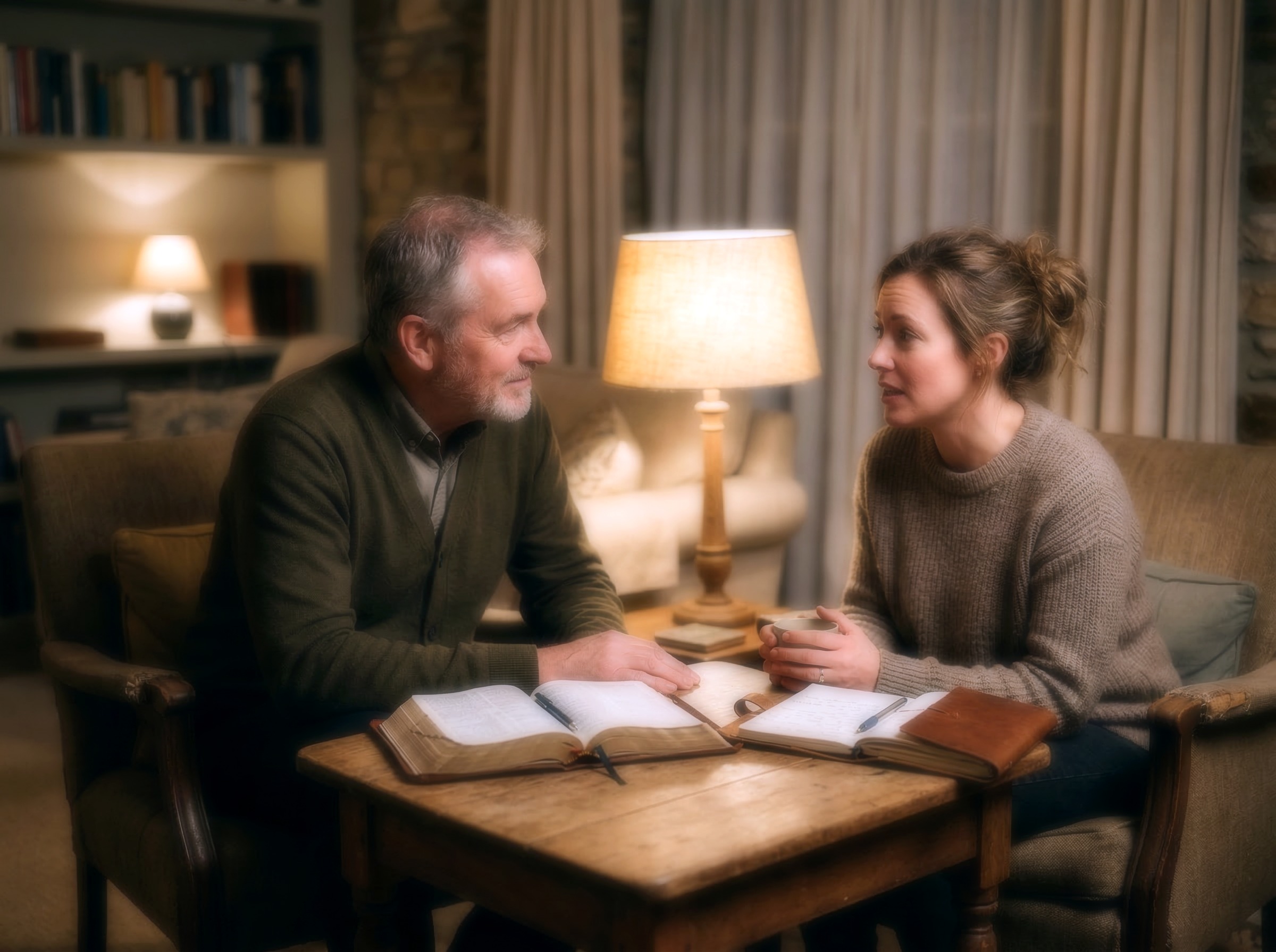 Pastoral counselling session — two people with open Bible and journal in a warmly-lit room